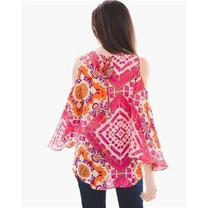 Chico's Women's Size 2 US XL Vibrant Tiles Cold Shoulder Colorful Top NEW Pink